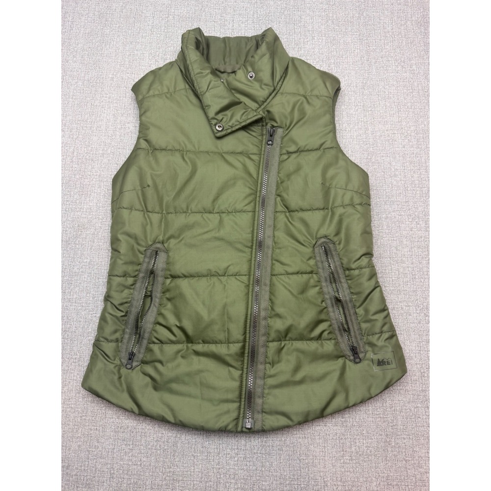 REI Womens Olive Green Asymmetrical Zip Puffer Vest XS Outdoor Quilted 870310